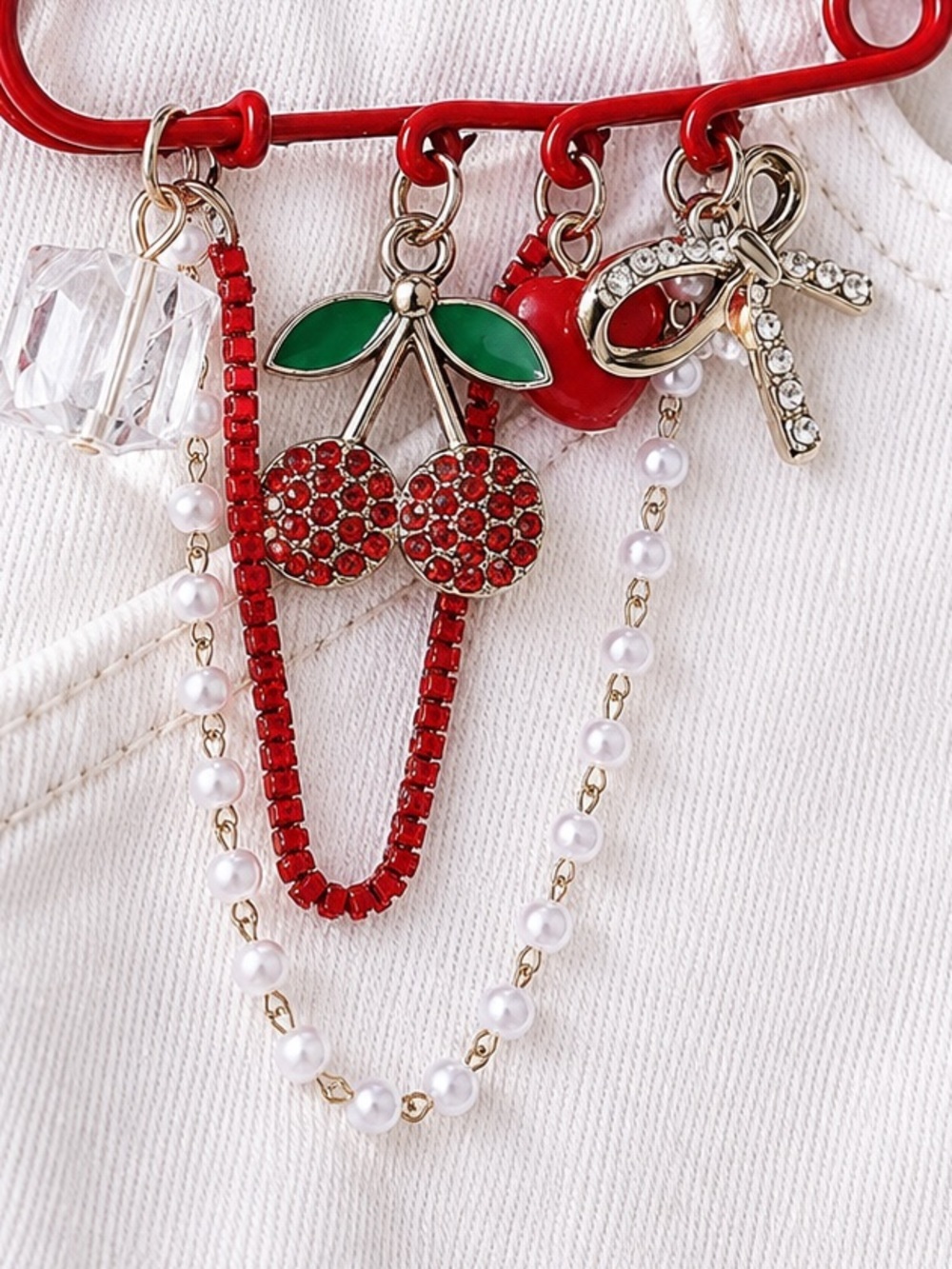 Red Cherry Charm Safety Pin Brooch - Picture 4 of 9